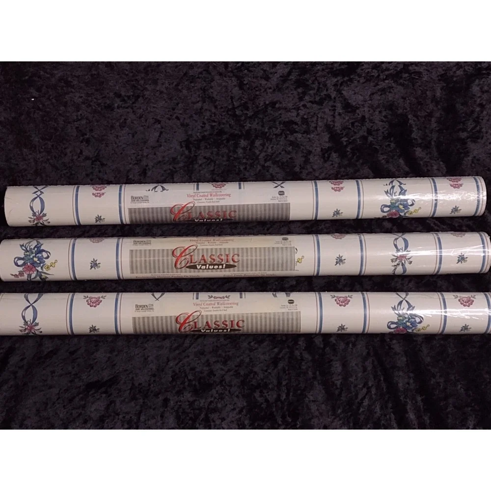 Vintage 3 Rolls Borden Wallpaper Blue Mauve Striped Bows Flowers Cottagecore